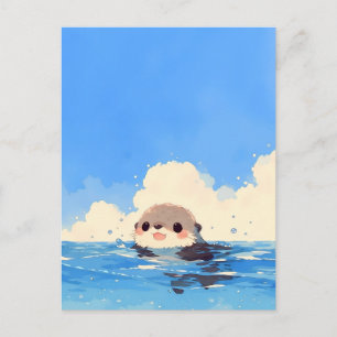 Glücklicher Otter schwimmt im blauen Ozean Postkarte