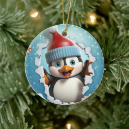 Glücklicher Pinguin, der den Winter genießt. Keramik Ornament