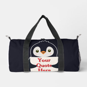 Glücklicher Pinguin, der ein Schild hält, um es zu Duffle Bag