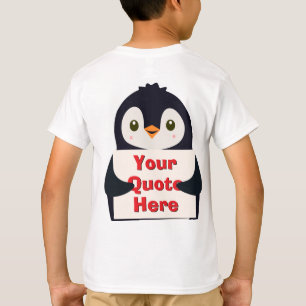 Glücklicher Pinguin, der ein Schild hält, um es zu T-Shirt