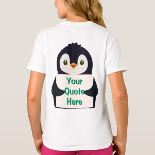 Glücklicher Pinguin, der ein Schild hält, um es zu T-Shirt