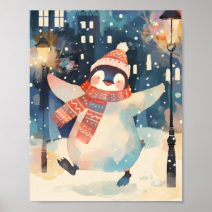 Glücklicher Pinguin – Winter-Aquarell-Kinderzimmer Poster