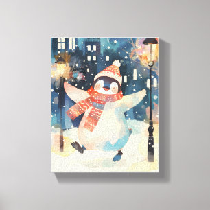 Glücklicher Pinguin – Winter-Wasserfarben-Nursery- Leinwanddruck