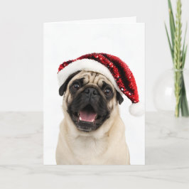 Glücklicher Pug mit funkelndem rotem Weihnachtsman Feiertagskarte
