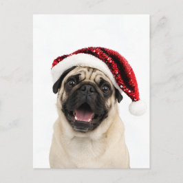 Glücklicher Pug mit funkelndem rotem Weihnachtsman Feiertagspostkarte