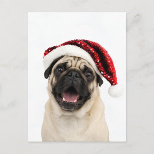 Glücklicher Pug mit funkelndem rotem Weihnachtsman Feiertagspostkarte