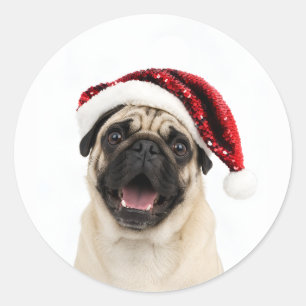 Glücklicher Pug mit funkelndem rotem Weihnachtsman Runder Aufkleber