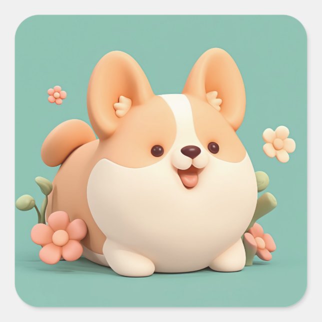 Glücklicher Pummeliger Ton Corgi Quadratischer Aufkleber (Vorderseite)