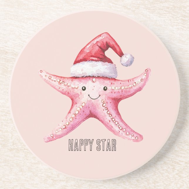 Glücklicher Rosa Seestern-Weihnachtsmannhut Getränkeuntersetzer (Vorne)