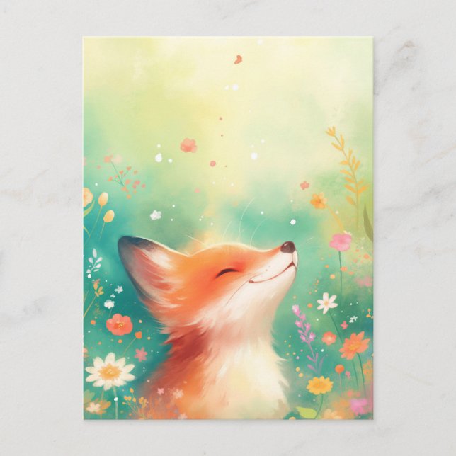 Glücklicher Rotfuchs auf einer ätherischen Frühlin Postkarte (Vorderseite)