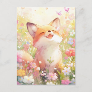 Glücklicher Rotfuchs auf sonniger Wildblumenwiese Postkarte