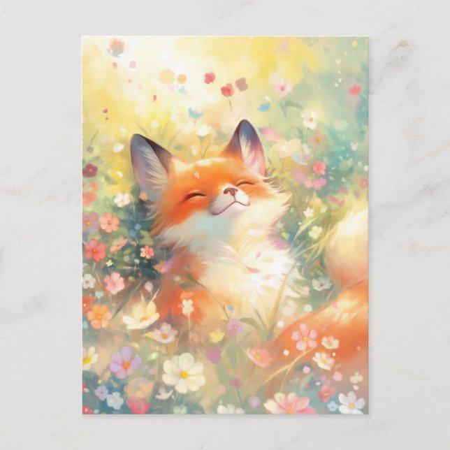 Glücklicher Rotfuchs auf sonniger Wildblumenwiese Postkarte (Vorderseite)