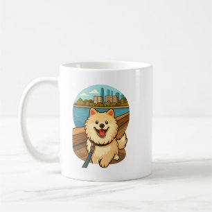 Glücklicher Samoyed-Spaziergang am Stadtstrand Kaffeetasse