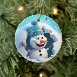 Glücklicher Schneemann genießt den Winter. Keramik Ornament