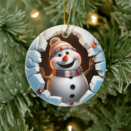 Glücklicher Schneemann genießt den Winter. Keramik Ornament