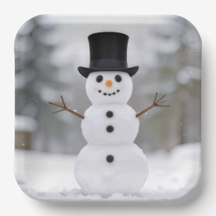 Glücklicher Schneemann mit Zylinder Pappteller
