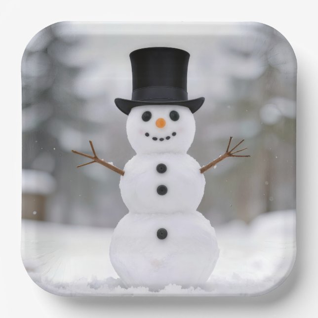 Glücklicher Schneemann mit Zylinder Pappteller (Vorderseite)