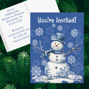 Glücklicher Schneemann Schneeflocken Blau Weiße Ge Postkarte