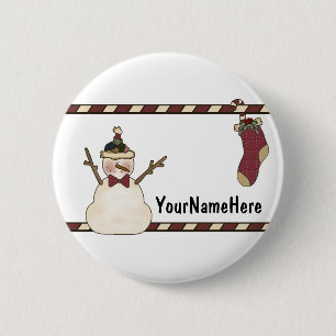 Glücklicher Schneemann und Weihnachts-Strumpf Button