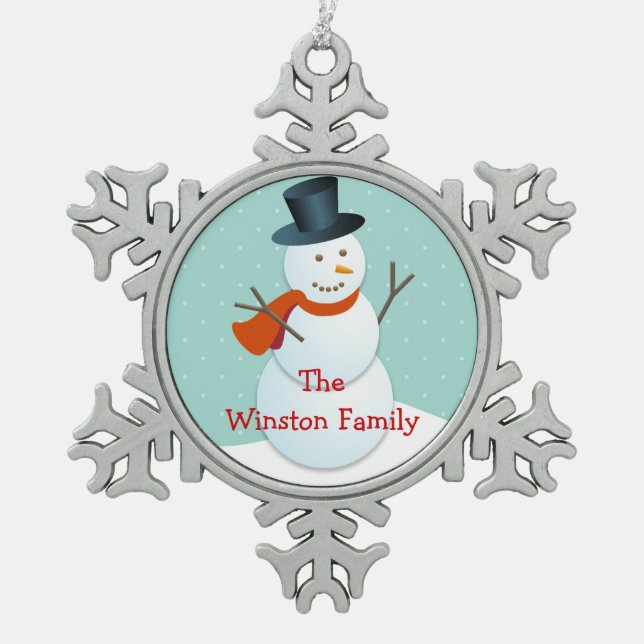 Glücklicher Schneemann Weihnachten Gruß Sake Schneeflocken Zinn-Ornament (Vorderseite)