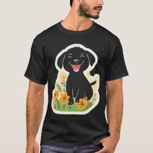 Glücklicher schwarzer Welpe in Wildblumen T-Shirt