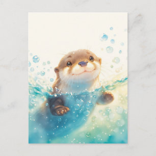 Glücklicher schwimmender Otter im funkelnden Wasse Postkarte