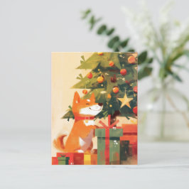 Glücklicher Shiba Inu neben Weihnachtsbaum und Ges Feiertagspostkarte