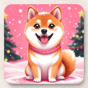Glücklicher Shiba Inu Welpe bei Weihnachtsbäumen Getränkeuntersetzer