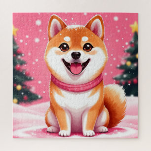 Glücklicher Shiba Inu Welpe bei Weihnachtsbäumen Puzzle