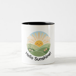 Glücklicher Sonnenaufgang über blühenden Hügeln Zweifarbige Tasse