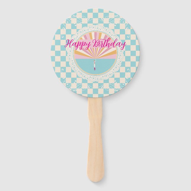 Glücklicher Spaß Blau Gingham Karo Karierter Gebur Fächer (Vorderseite)