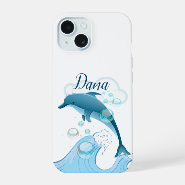 Glücklicher springender Delfin mit Blasen iPhone 15 Hülle (Rückseite)