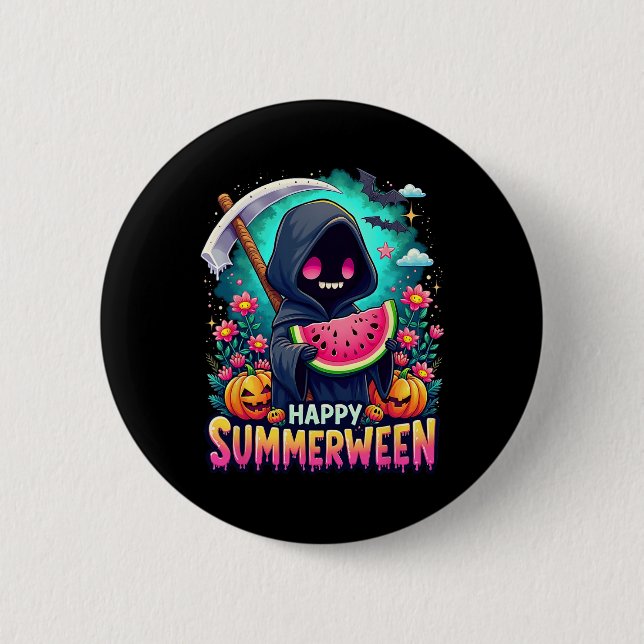 Glücklicher Summerween-Skelett-Kürbis-Sommer-Wa Button (Vorderseite)