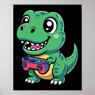 Glücklicher T-Rex mit Spielcontroller Süßer Gamer- Poster