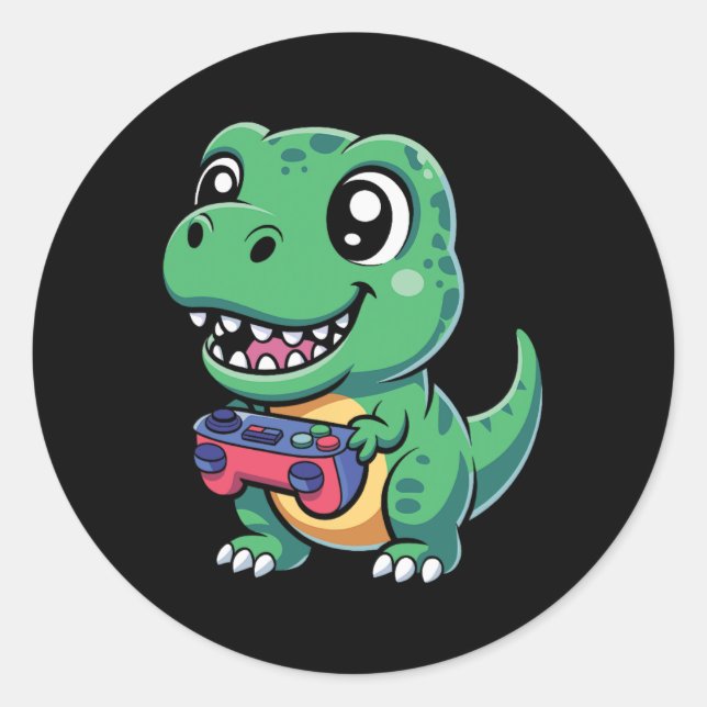 Glücklicher T-Rex mit Spielcontroller Süßer Gamer  Runder Aufkleber (Vorderseite)