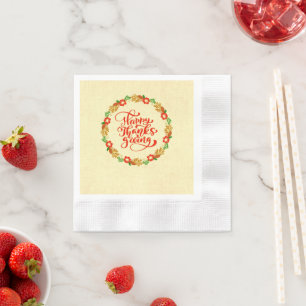 Glücklicher Tanksgiving Red Gold Wreath Cocktail Serviette