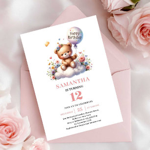 Glücklicher Teddybär Ballon Blumenmädchen Geburtst Einladung