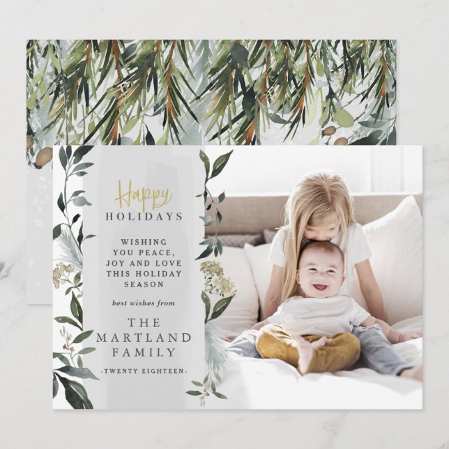 Glücklicher Urlaub Aquarellpflanze Foto Feiertagskarte (Vorne/Hinten)