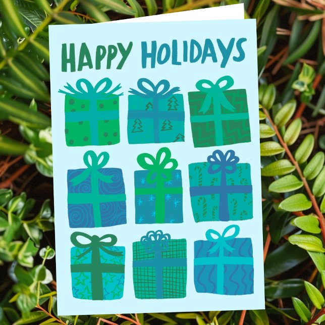 GLÜCKLICHER URLAUB Geschenke Weihnachten CUSTOM Ha (HAPPY HOLIDAYS Gifts Christmas CUSTOM Hand-drawn Blue Green Cute Holiday Card
)