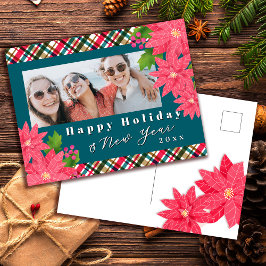 Glücklicher Urlaub Neujahr Poinsettia Foto Türkis Feiertagspostkarte