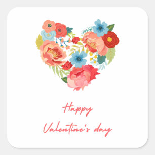 Glücklicher Valentinstag mit farbenfrohen Blume Quadratischer Aufkleber