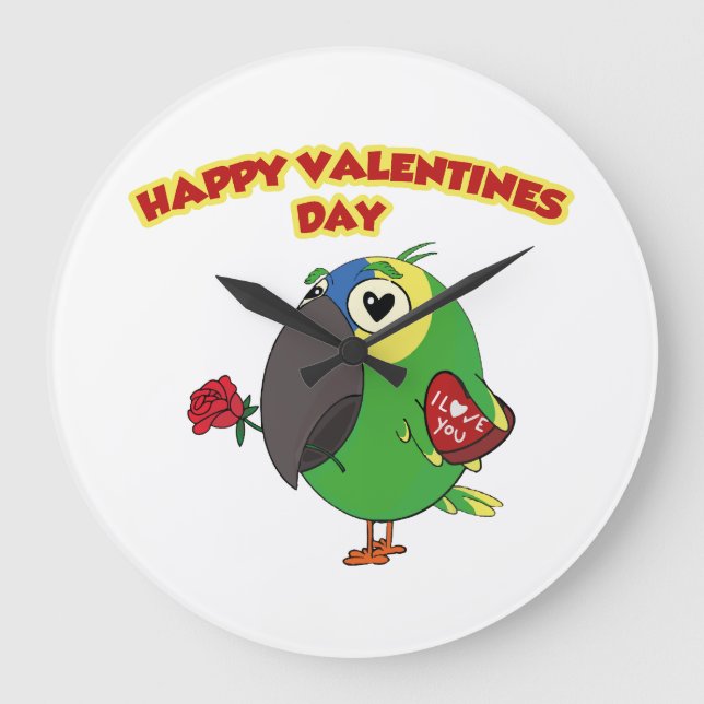 glücklicher Valentinstag Papagei Große Wanduhr (Vorderseite)