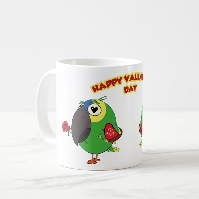 GLÜCKLICHER VALENTINSTAG PAPAGEI KAFFEETASSE (Vorderseite Links)