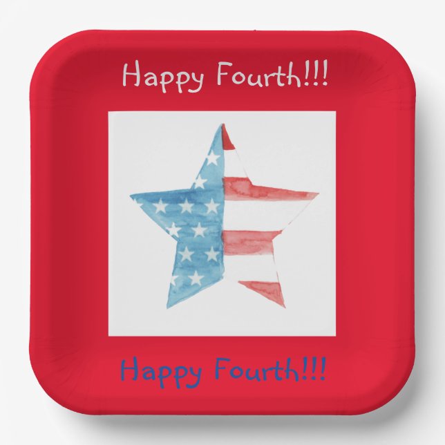 GLÜCKLICHER VIERTER ROTER SQUARE (STAR) PAPIERTELL PAPPTELLER (Vorderseite)