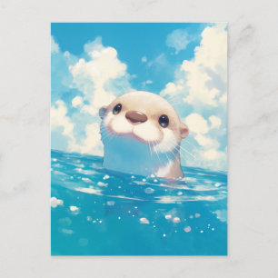 Glücklicher Wasserfarben Otter Blauer Himmel Postkarte
