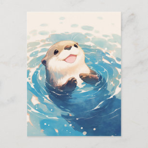 Glücklicher Wasserfarben Seeotter Schwimmt Postkarte