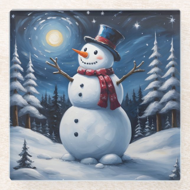 Glücklicher Weihnachts-Schneemann Glasuntersetzer (Vorderseite)
