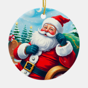 Glücklicher Weihnachtsmann, der sich in einem fest Keramik Ornament