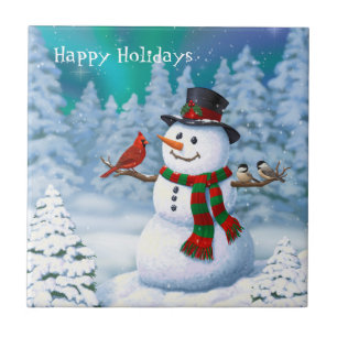 Glücklicher Weihnachtsmann & Vögel Winterlandschaf Fliese