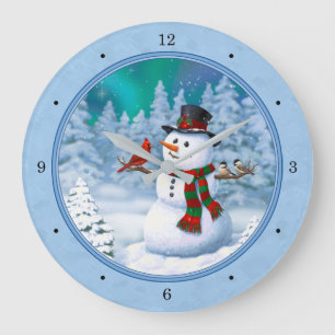 Glücklicher Weihnachtsmann & Vögel Winterlandschaf Große Wanduhr